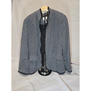 Chico's Black White Herringbone Textured Blazer Jacket Size 2 Ruffle Trim